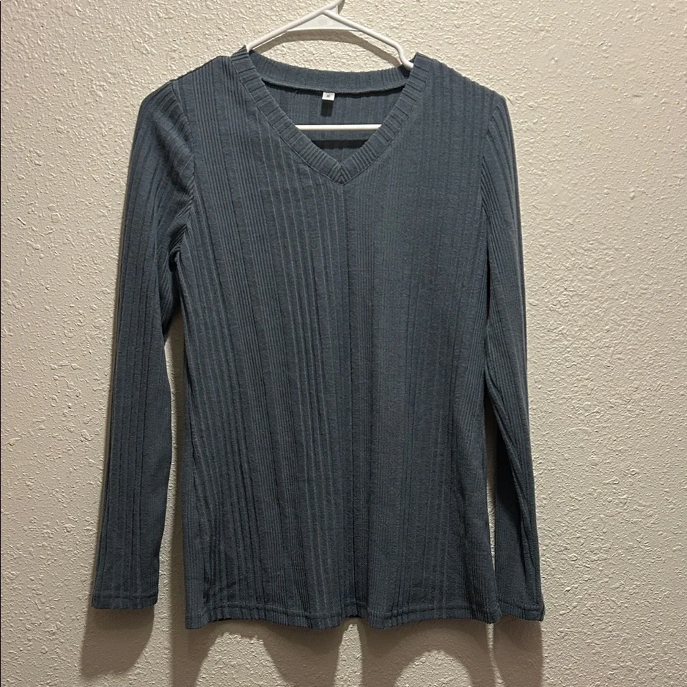 Women's V-Neck Ribbed Top - blue - Picture 1 of 3